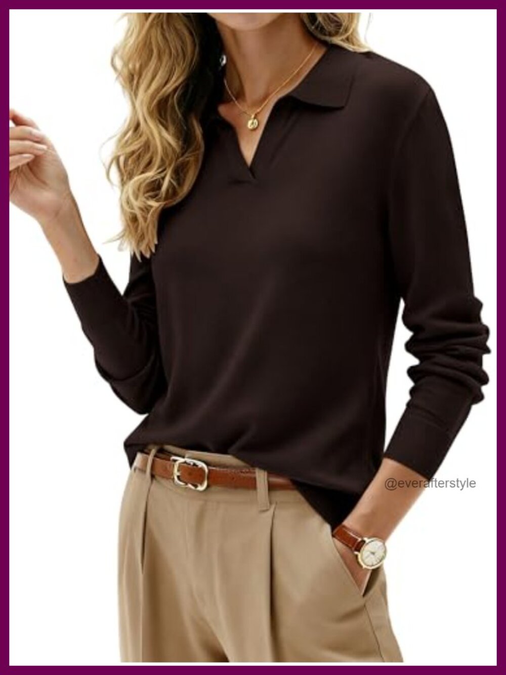 Wool Blend V Neck Polo Collar Sweater Long Sleeve Pullover